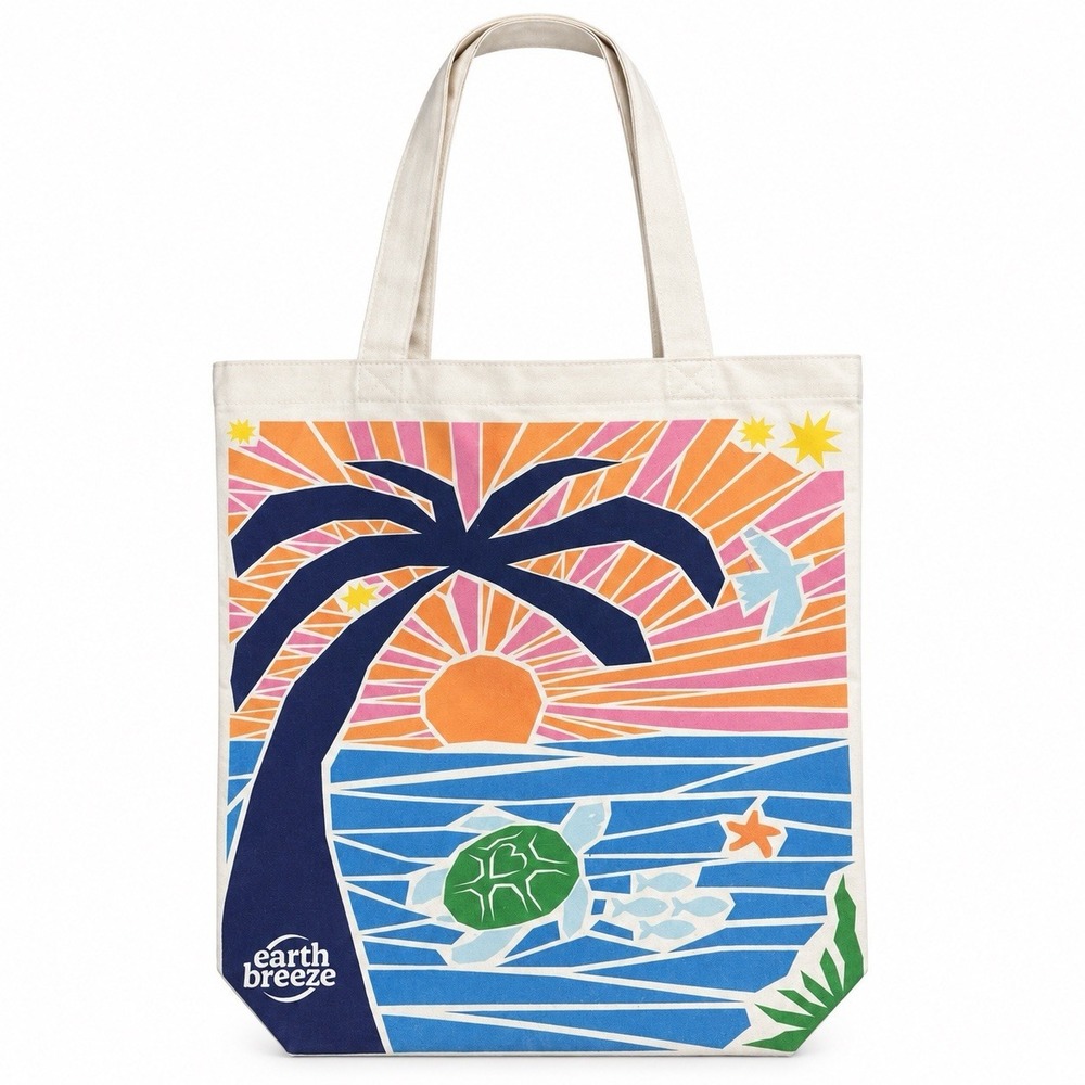NWT Earth Breeze Cavas Tote Bag Tropical Turtle Palm Tree Vacation Travel Beach